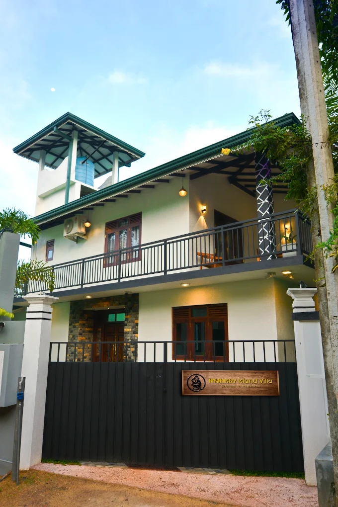 Entrance and balconies of Monkey Island Villa in Hikkaduwa